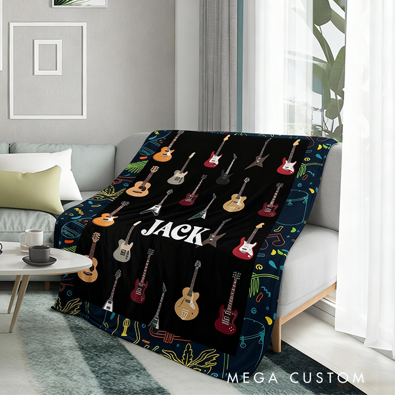 Personalized Guitar Name Blanket Fleece Sherpa Blanket with Name Electric Guitar Blanket Room Decor Cool Custom Blanket Music Lovers
