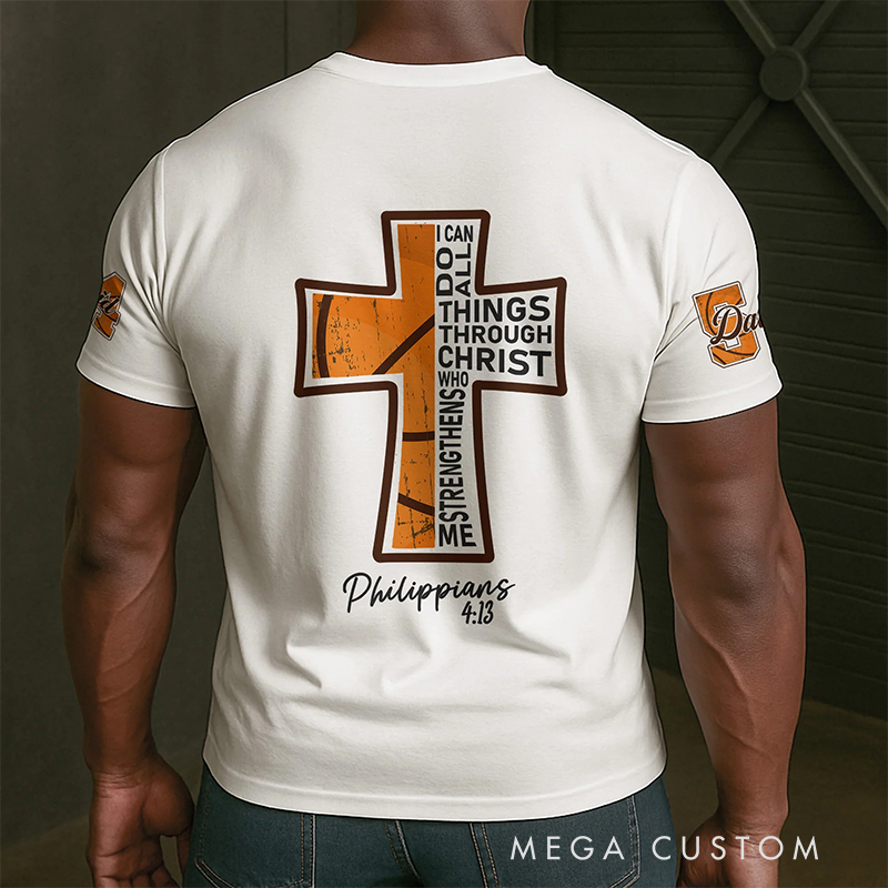 Personalized Basketball and Faith T-Shirt with Philippians 4:13 and Custom Name Christian Sports Gift Religious Gift for Basketball Lover