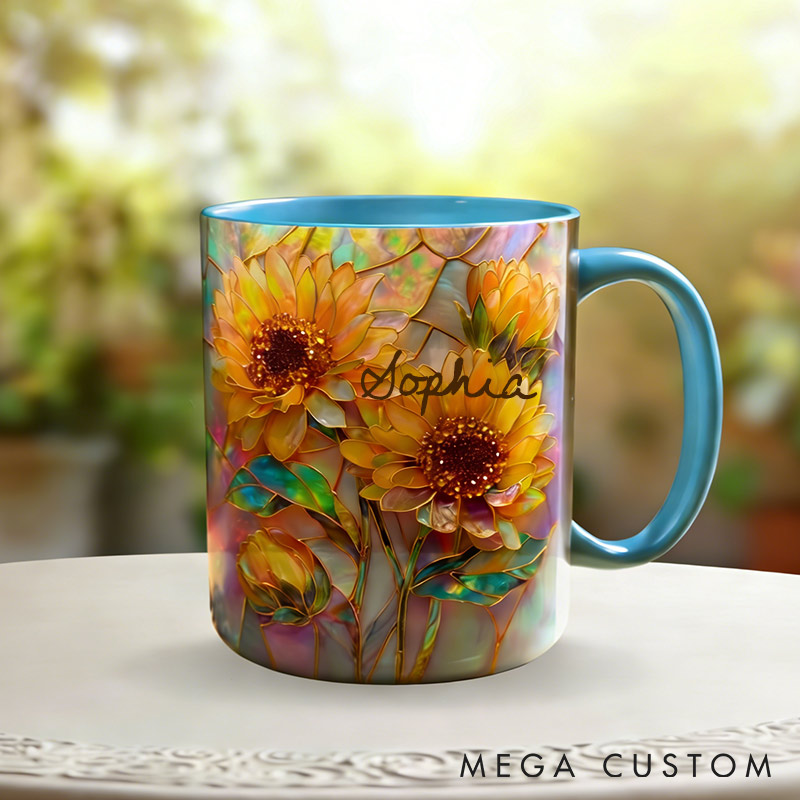 Personalized Stained Glass Sunflower Mug Floral Art Mug Custom Name for Gardening Lovers