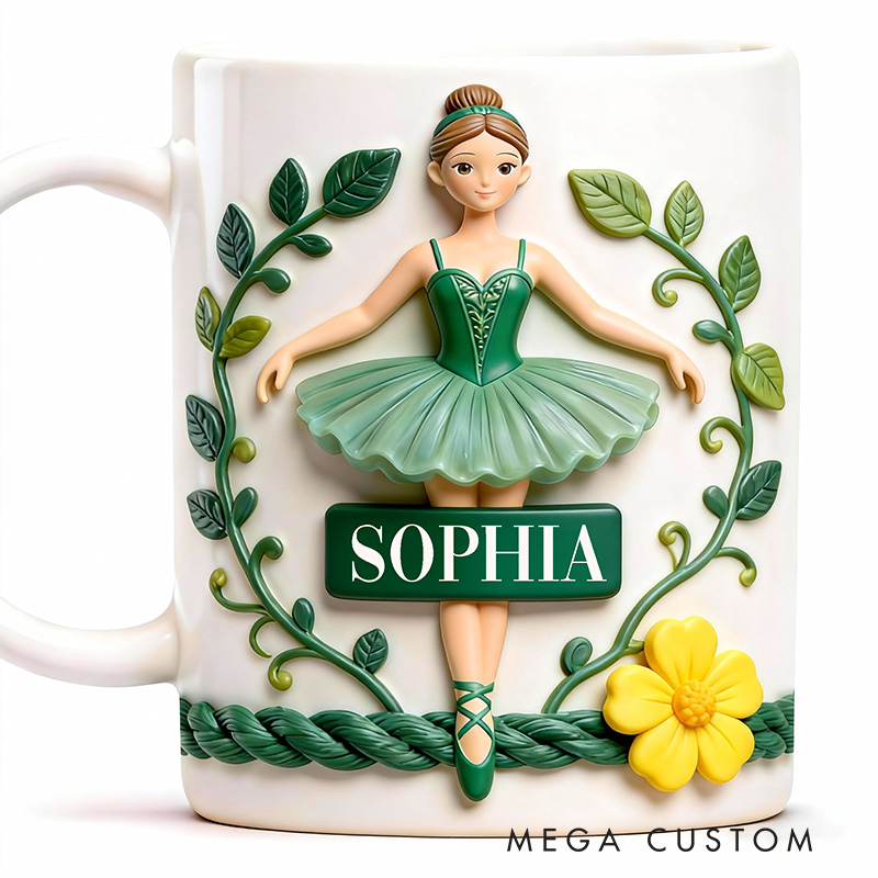 Personalized 2D Flat Green Flora Ballerina Mug Dancer Mug Ballet Dance Lover Mug Dancing Gift Coffee Mug