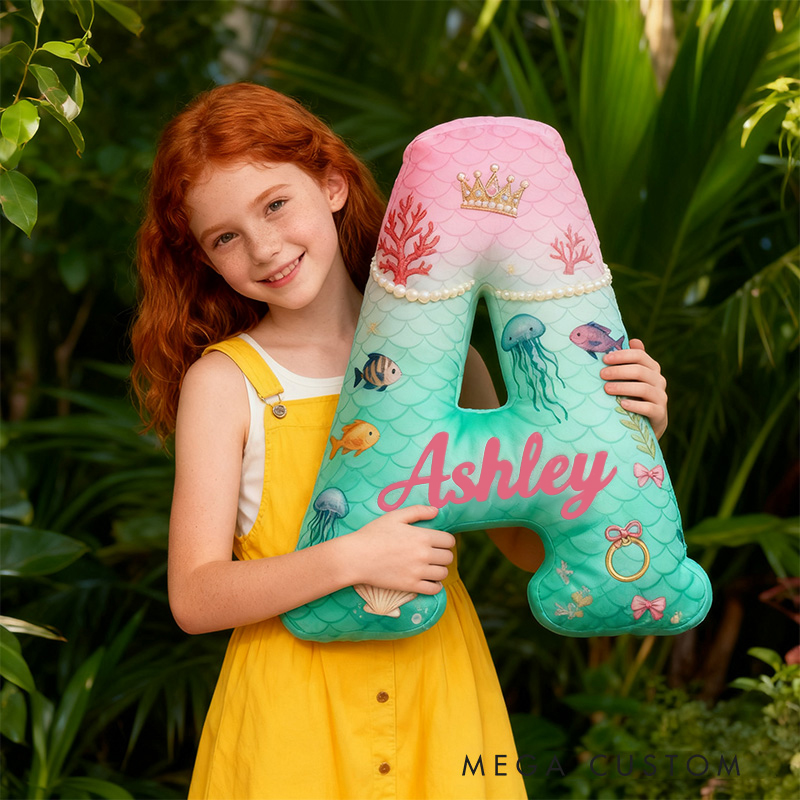 Personalized Graphic 3D Print Cartoon Ocean And Love Tale Alphabet Shaped Pillow for Cartoon Lovers Initial Pillow Christmas Gift for Kids