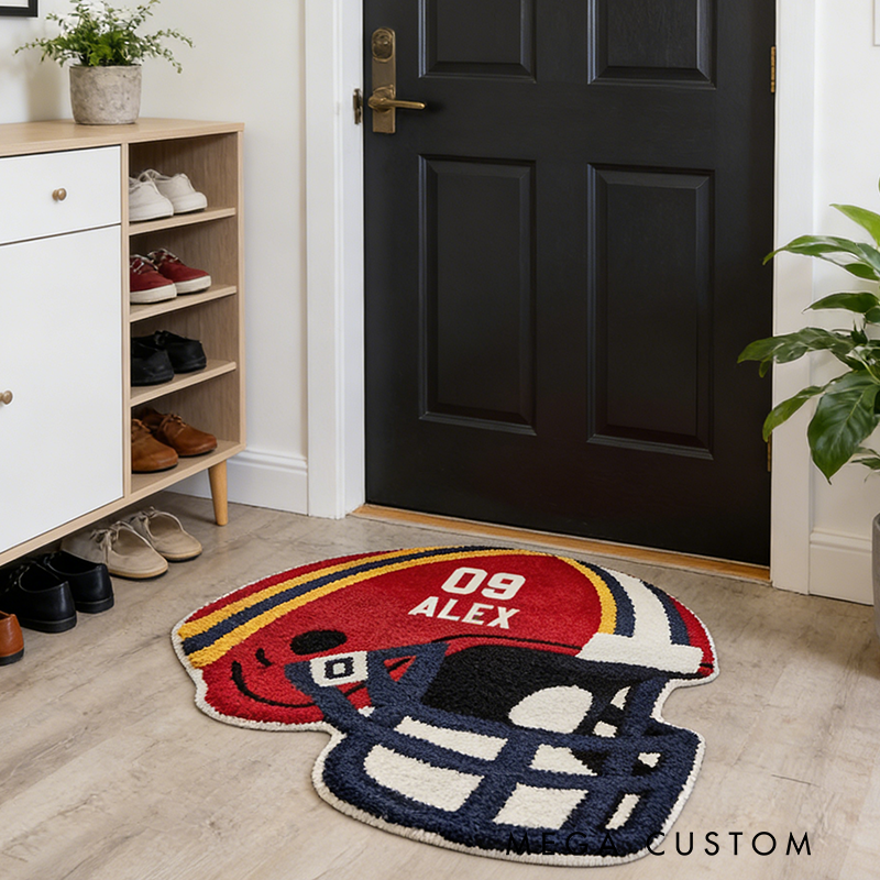 Personalize Your Football Helmet Rug with Custom Name and Number Design