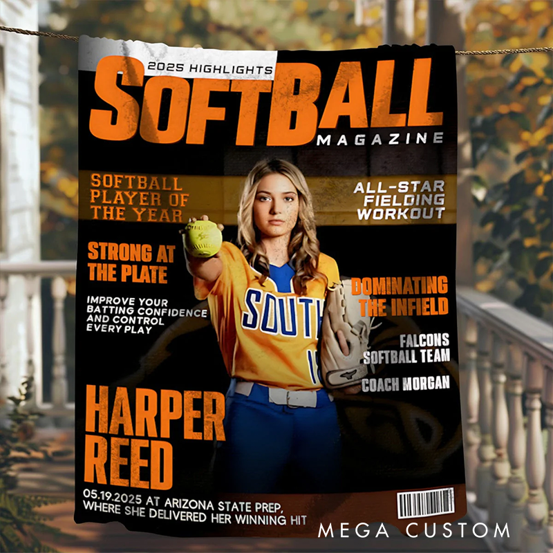 Personalize Your Softball Magazine Blanket with Custom Name and Photo Design