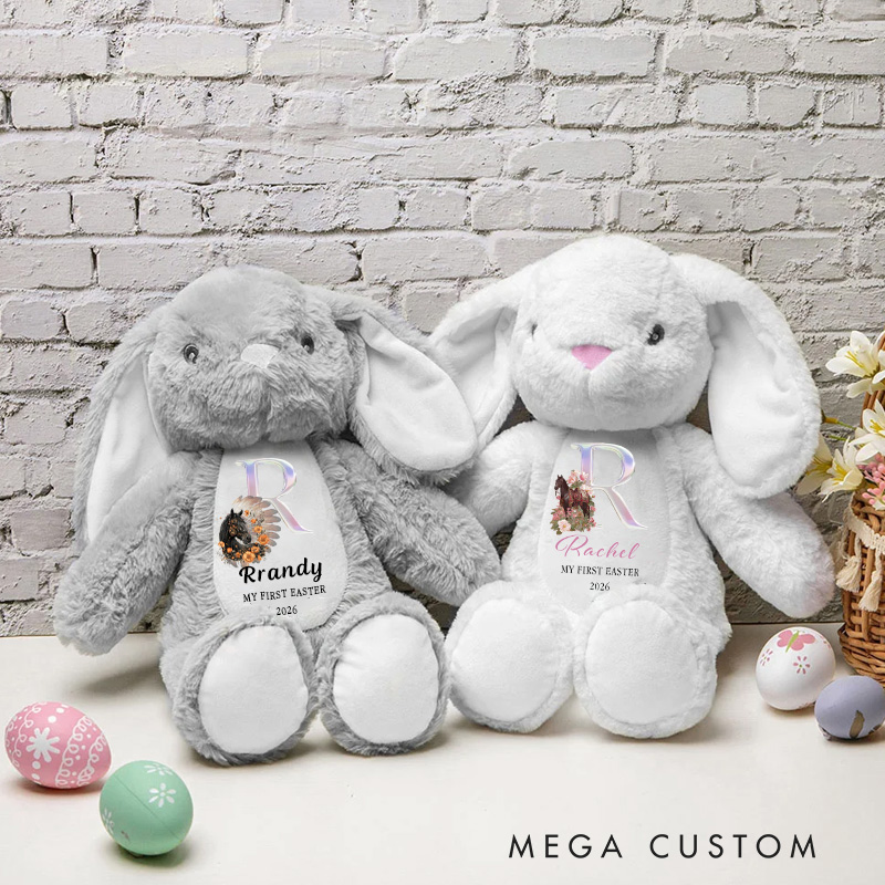 Personalized Cute Horse Flowers Rabbit Initial Soft Bunny Plush Stuffed Animal Toy with Name and Year First Easter Birthday Gift for Kids for Riding Lovers Equestrian Lovers