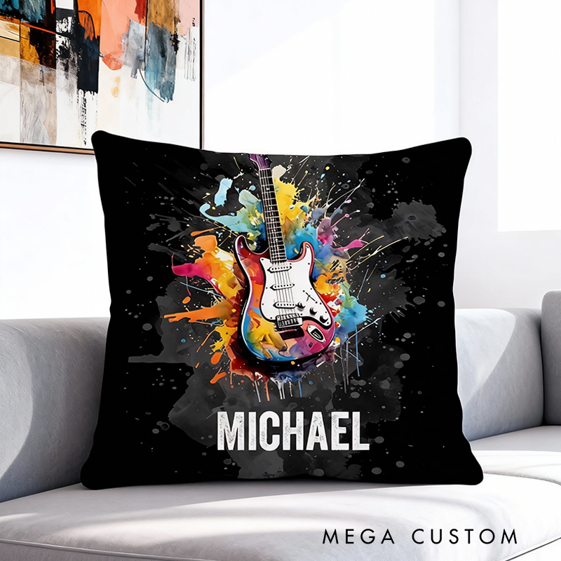 Personalized Multicolor Splash Ink Electric Guitar Pillow with Name Music Room Decor Gift for Guitar Player