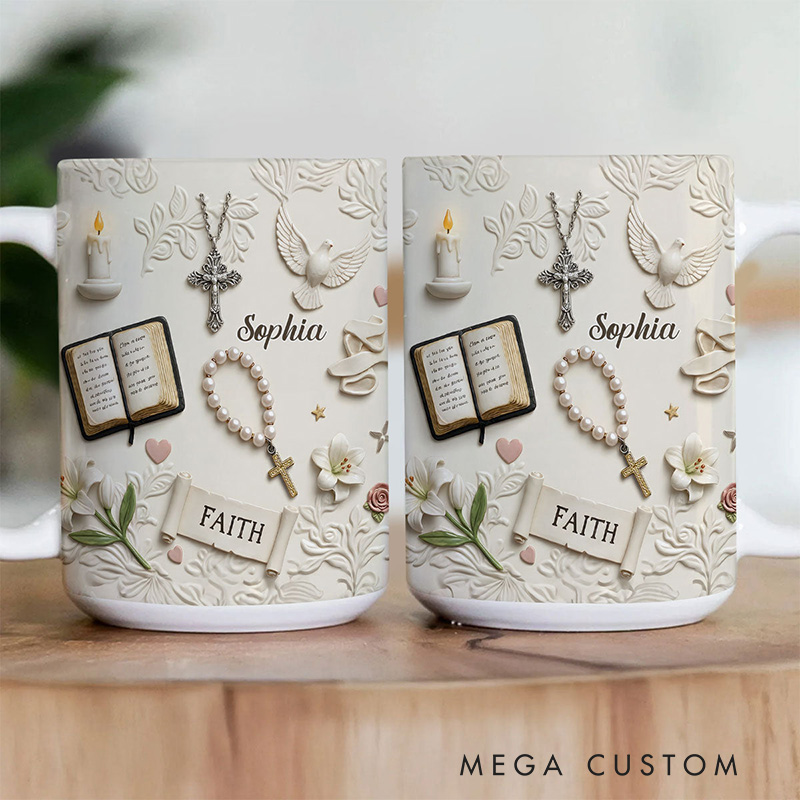 Personalized Rooted In Faith 11oz 15oz Ceramic Mug with Custom Name 3D Style Bible Rosary Cross Candles Ddoves Coffee Mug Religious Gift for Her