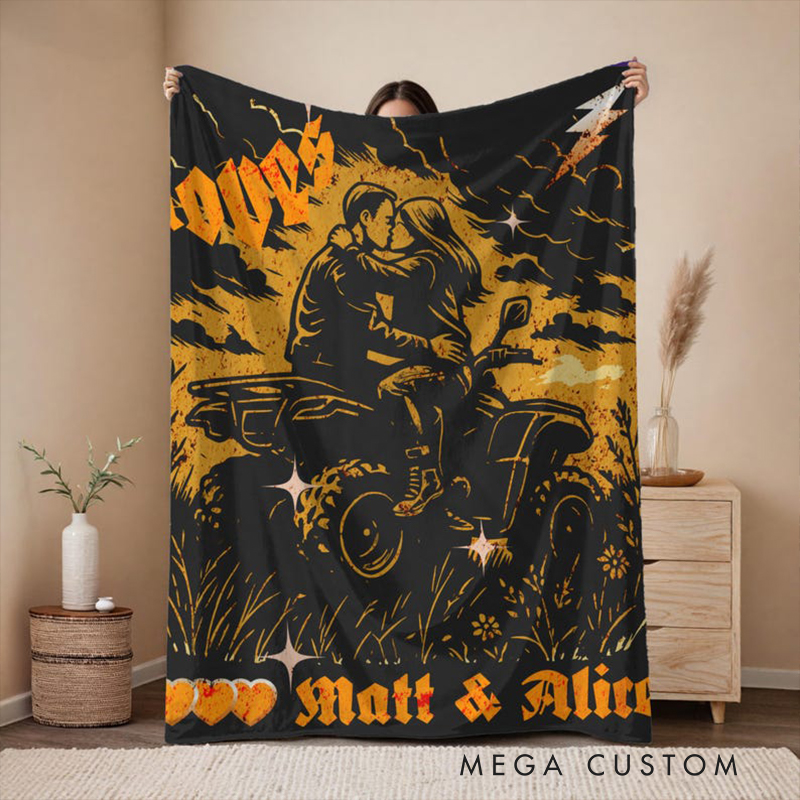 Personalized ATV Couple Velveteen Plush Blanket Custom Names and Colors Quad Rider Blanket Gift for Biker Lovers and Valentines Day