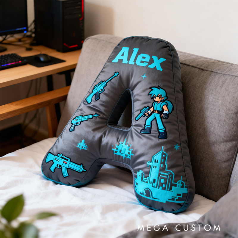 Personalized Gamer's Battle Zone Alphabet Shaped Pillow for Game Lovers Initial Pillow Christmas Gift for Kids