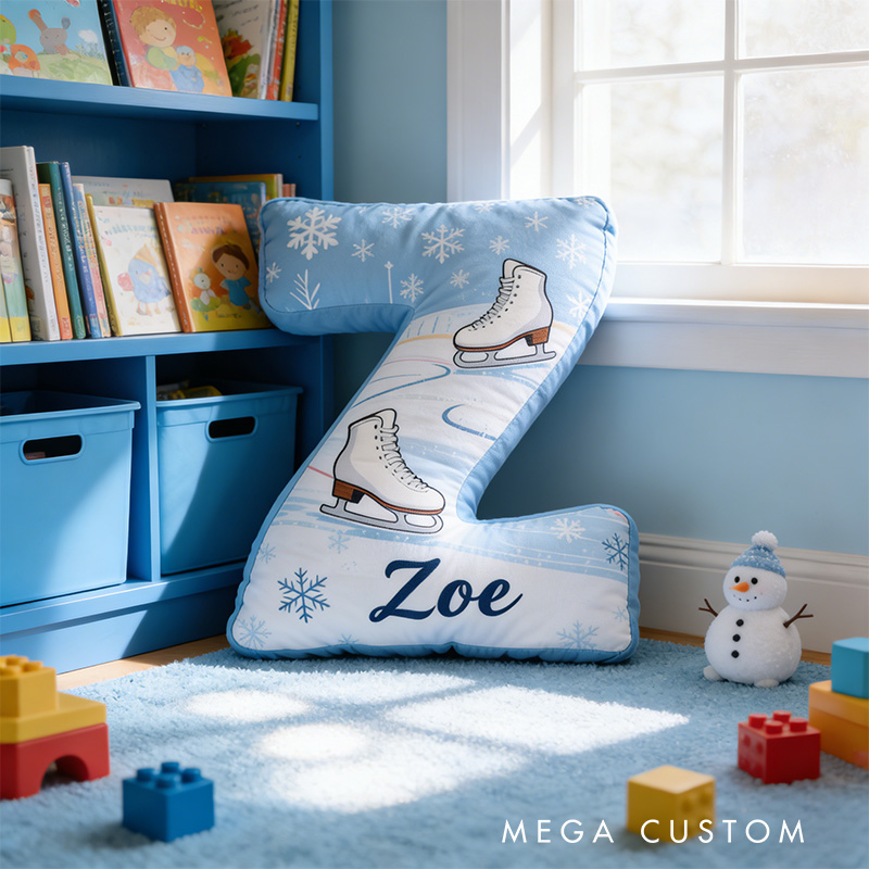 Personalized Winter Skates Alphabet Shaped Pillow for Ice Skate Lovers Initial Pillow Christmas Gift for Kids