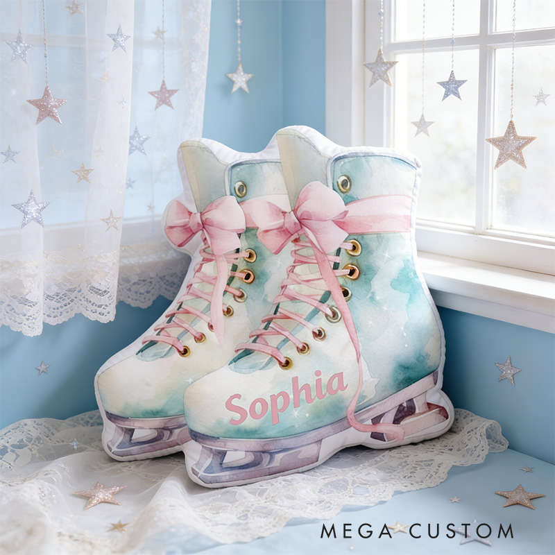 Personalized Water Color Mint Ice Skates Shaped Pillow for Ice Skate Lovers Pillow Christmas Gift for Kids
