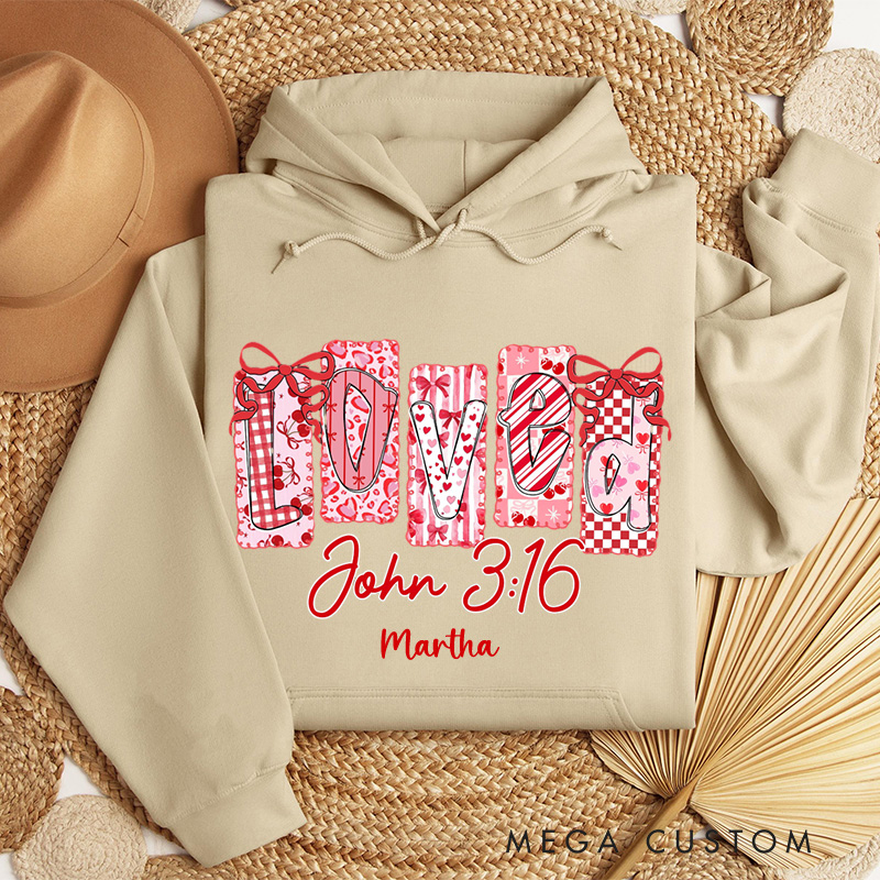 Personalized Loved John 3:16 Classic Hoodies with Name Retro Bible Verse Hoodies Religious Gift Valentines Day Gift for Girls