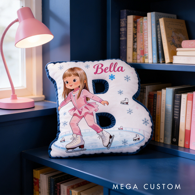 Personalized Graceful Cartoon Skater Ice Skating Alphabet Shaped Pillow for Ice Skate Lovers Initial Pillow Christmas Gift for Kids