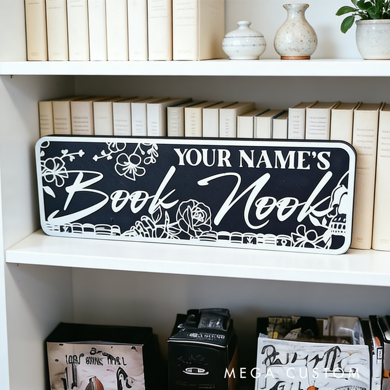 Personalized Floral Bookish Library Sign 3D Printed Book Nook Decor with Name Bookshelf Shelf Sitter Book Lover Gift for Bookish Bookworm Reader