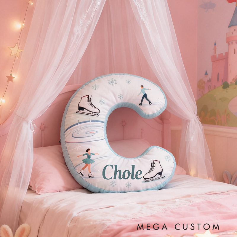 Personalized Winter Fun Ice Skating Alphabet Shaped Pillow for Ice Skate Lovers Initial Pillow Christmas Gift for Kids