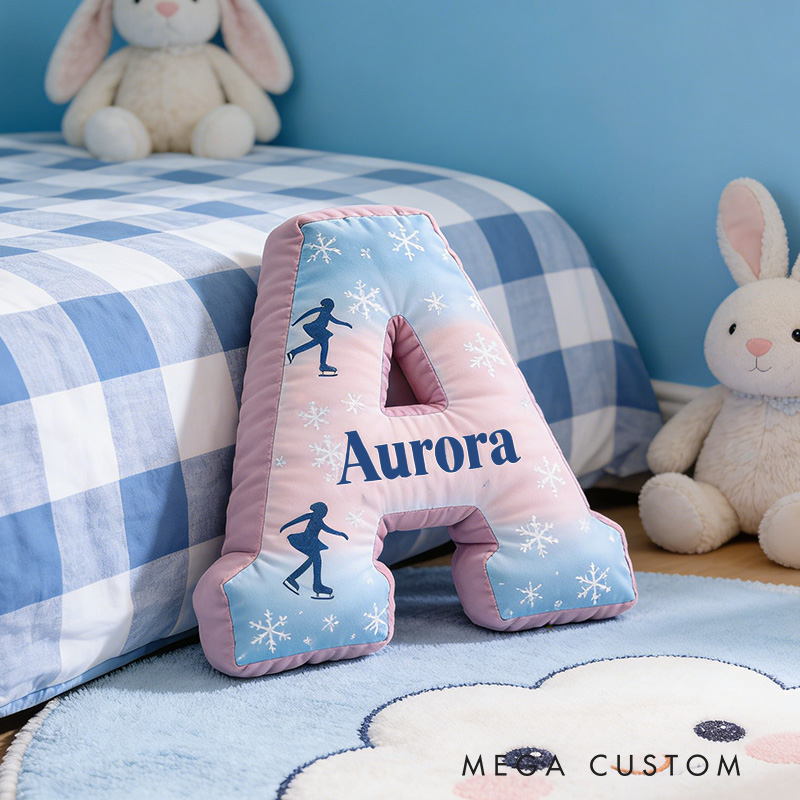 Personalized Frosty Skater Alphabet Shaped Pillow for Ice Skate Lovers Initial Pillow Christmas Gift for Kids
