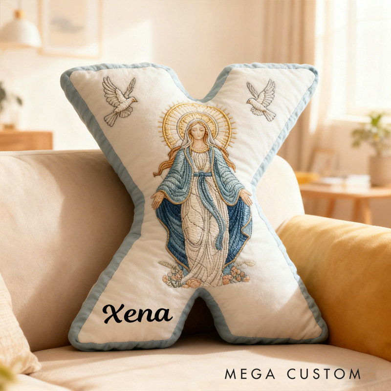 Personalized Virgin Mary Letter Pillow with Custom Name Christian Home Decor Catholic Gift for Her Our Lady of Grace Doves and Floral Graphic 3D Print
