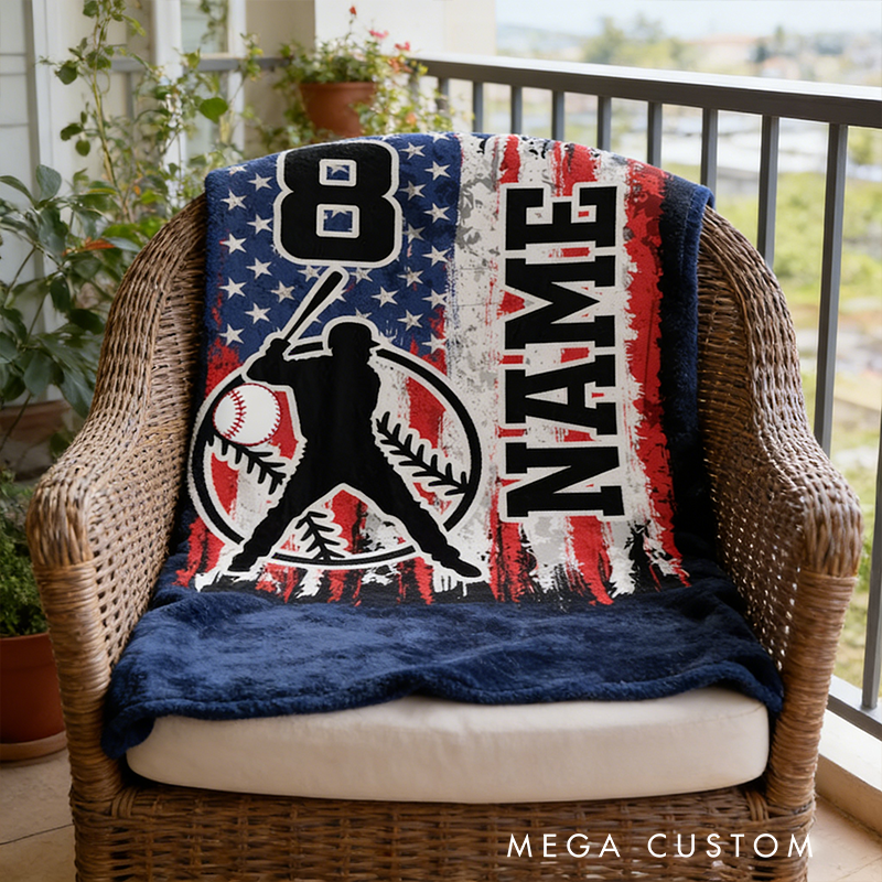 Personalized Baseball Blanket with Custom Name Number and Patriotic Design