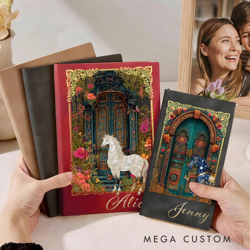 Personalized PU Leather Notebook with Riding Floral Blanket Vintage Garden Gate Floral Horse Custom Name Birthday Gift for Horse Lovers Riding Lovers Equestrian Lovers