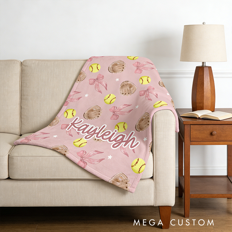 Personalized Softball Blanket with Custom Name and Cute Pink Design