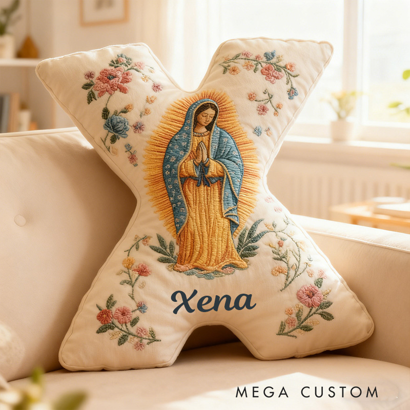 Personalized Virgen de Guadalupe Letter Pillow with Custom Name Religious Home Decor Catholic Gift for Her Blessed Mother Gift Floral Graphic 3D Print