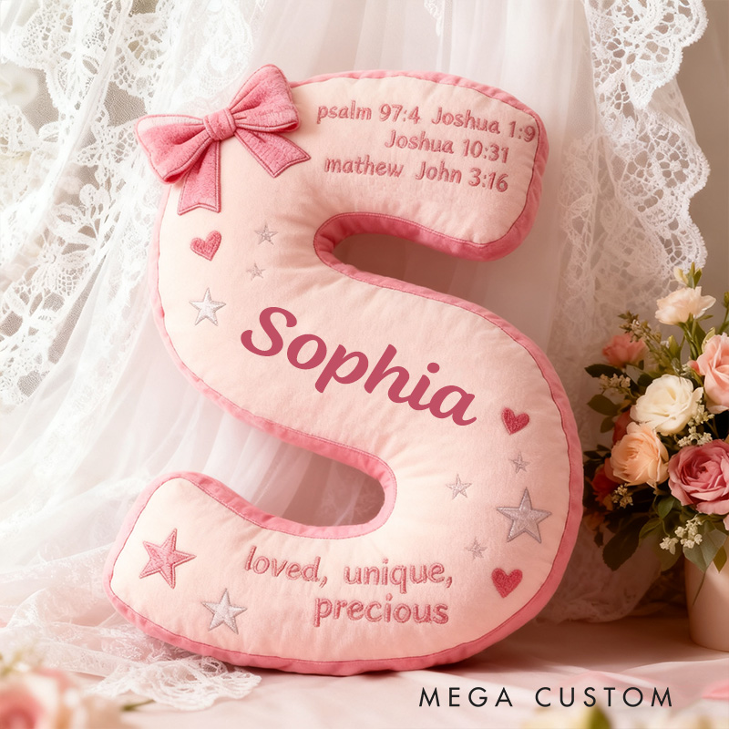 Personalized Pink Coquette Bow Bible Verses Letter Pillow with Custom Name Kid Room Decor Religious Gift for Kids Christian Quotes Graphic 3D Print