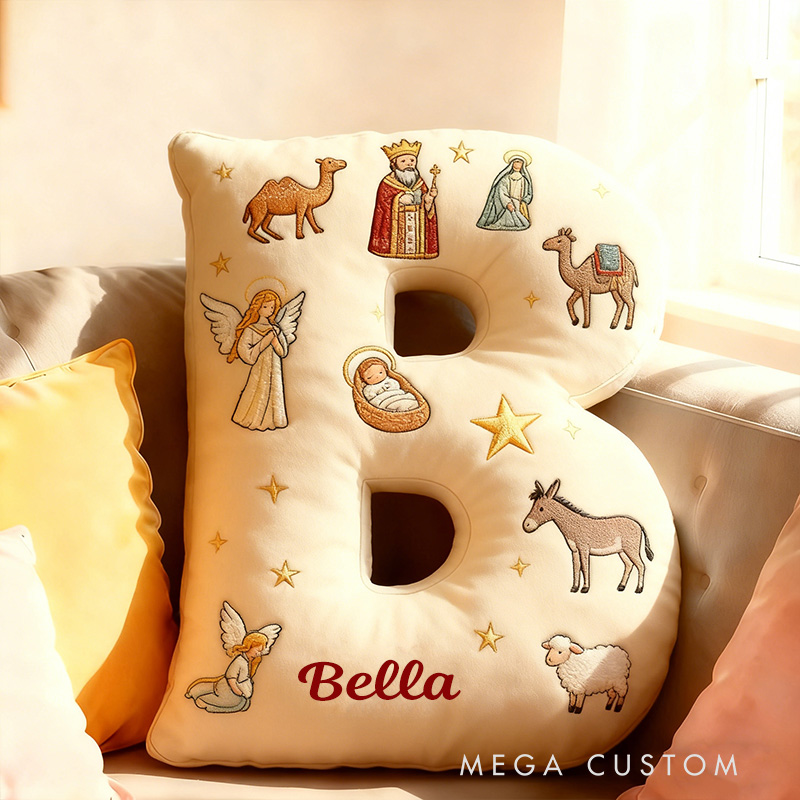 Personalized Christmas Nativity Ccene Letter Pillow with Custom Name Hoom Decor Christian Gift Baby Jesus Angel Shepherd Camel Donkey Graphic 3D Print