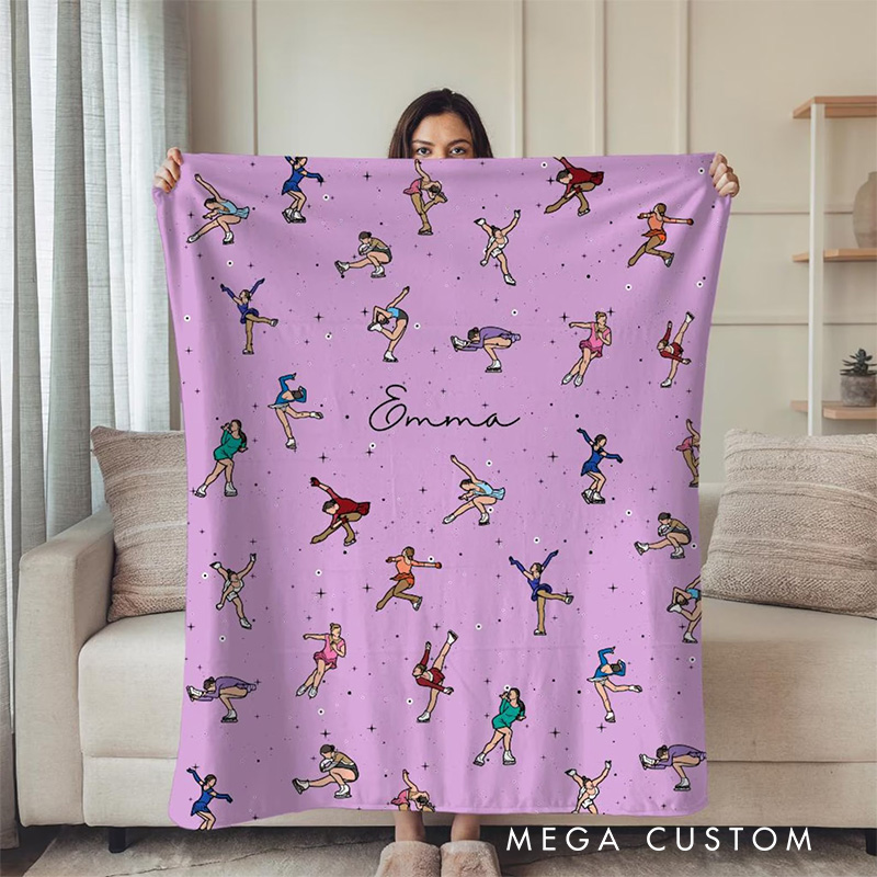 Personalized Ice Skates Pattern Blanket Flannel Blanket Figure Skater Blanket with Name for Ice Skating Lovers Birthday Gift for Girls