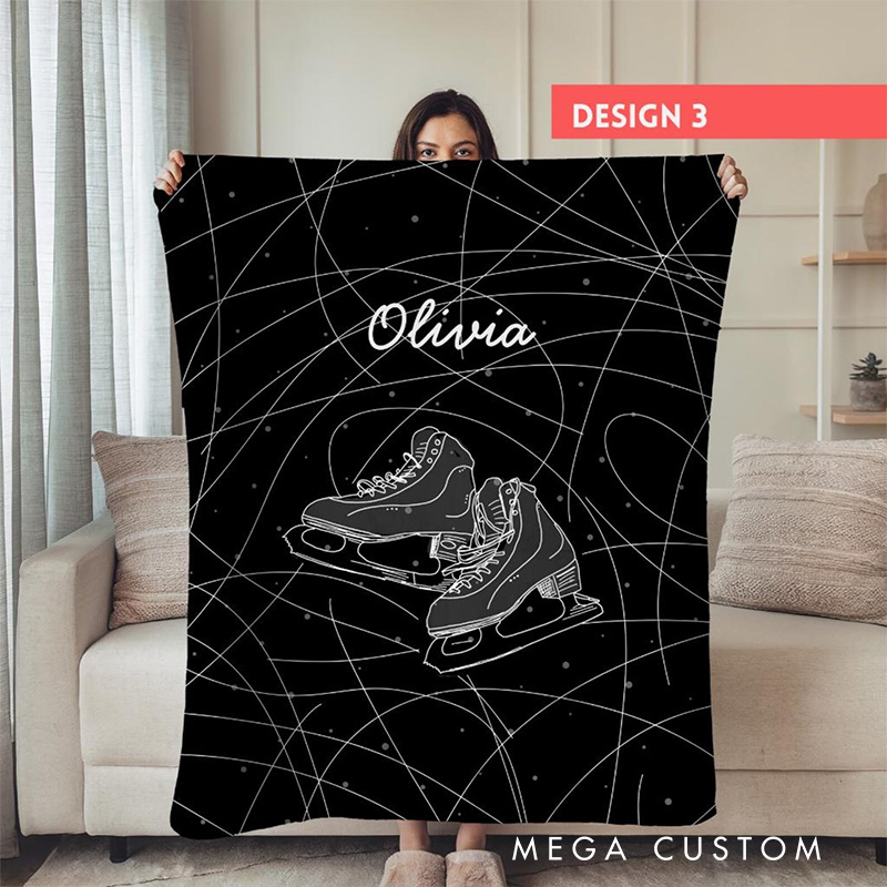 Personalized Ice Skates Line Art Blanket Flannel Blanket Figure Skater Blanket with Name for Ice Skating Lovers Birthday Gift for Girls