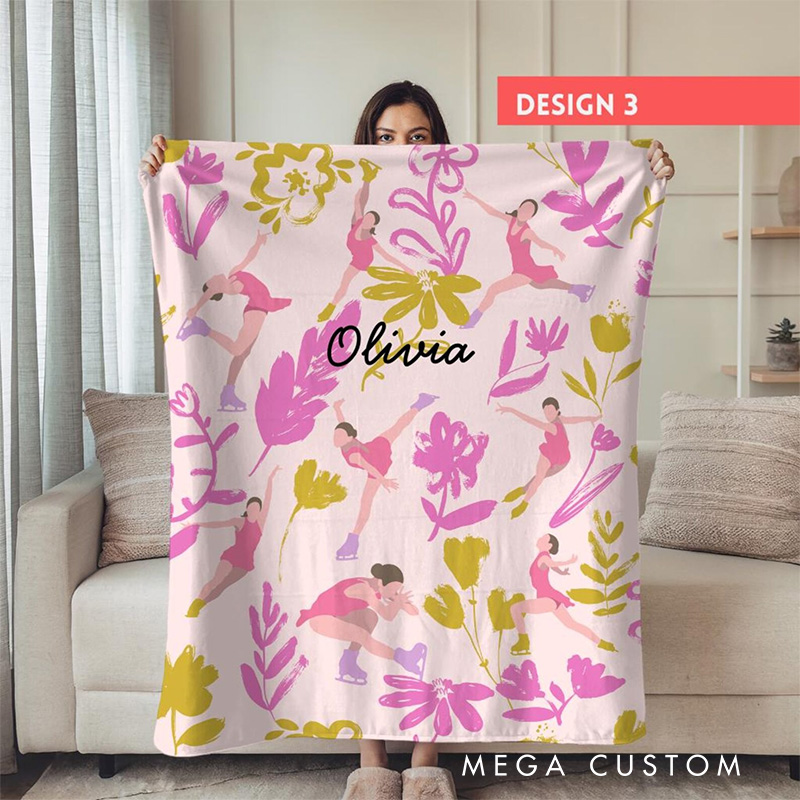 Personalized Flora Ice Skates Blanket Flannel Blanket Figure Skater Blanket with Name for Ice Skating Lovers Birthday Gift for Girls