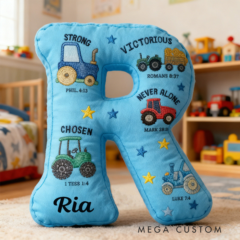 Personalized God Says I am Bible Verse Tractors Letter Pillow with Custom Name Kids Room Decor Religious Gift for Boys Scripture Baptism Gift 3D Print