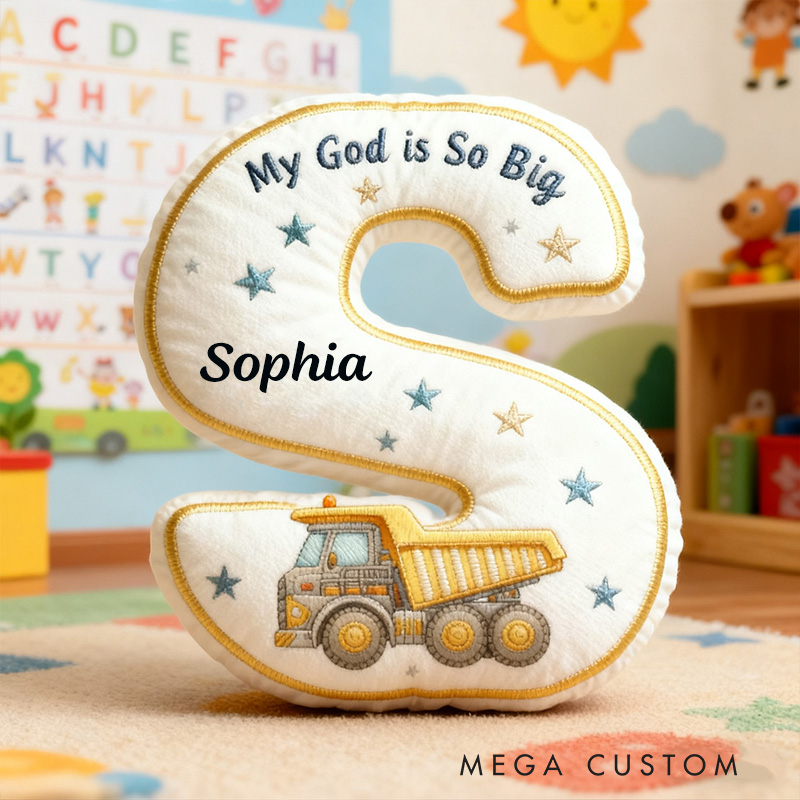 Personalized My God is so Big Excavator Letter Pillow with Custom Name Kid Room Decor Religious Gift for Kids Christian Quotes Gift Graphic 3D Print