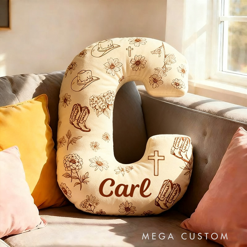 Personalized Rustic Cross Letter Pillow with Custom Name Home Decor Vintage Cowboy Hat Boot Flower Pillow Religious Christian Gift