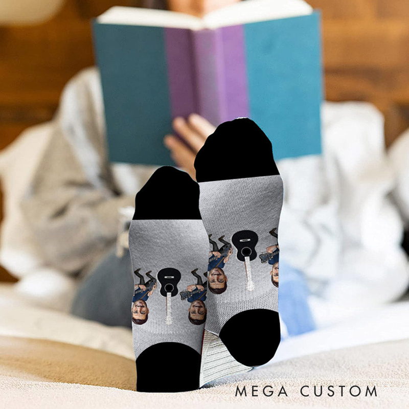 Personalized Photo Mucis Socks with Custom Name Design Gift for Music and Rock Lovers