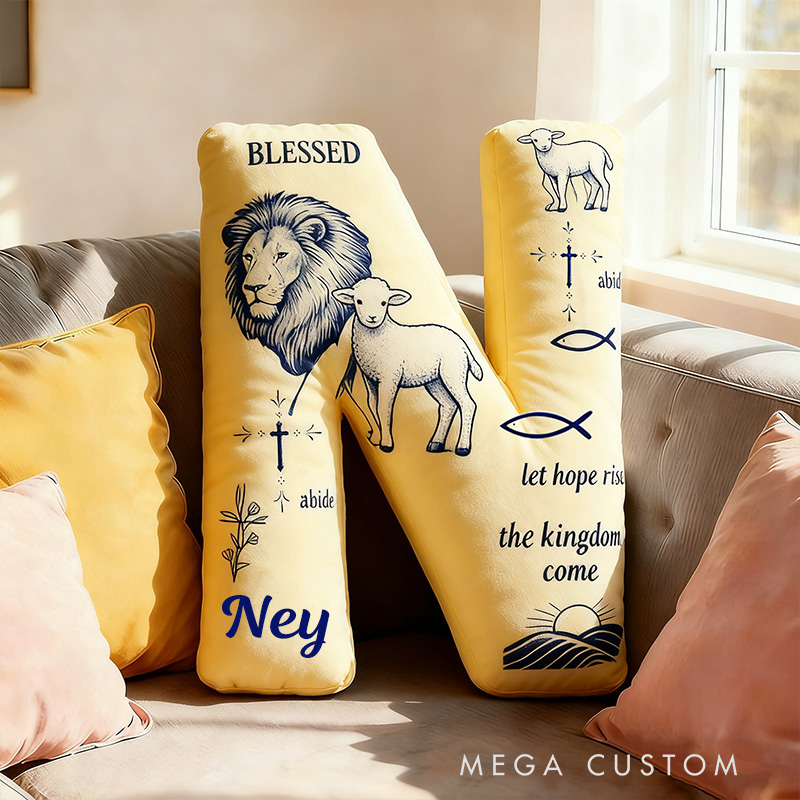 Personalized Lion and Lamb Blessed Letter Pillow with Custom Name Home Decor Fish Cross Olive Branch Pillow Religious Christian Gift
