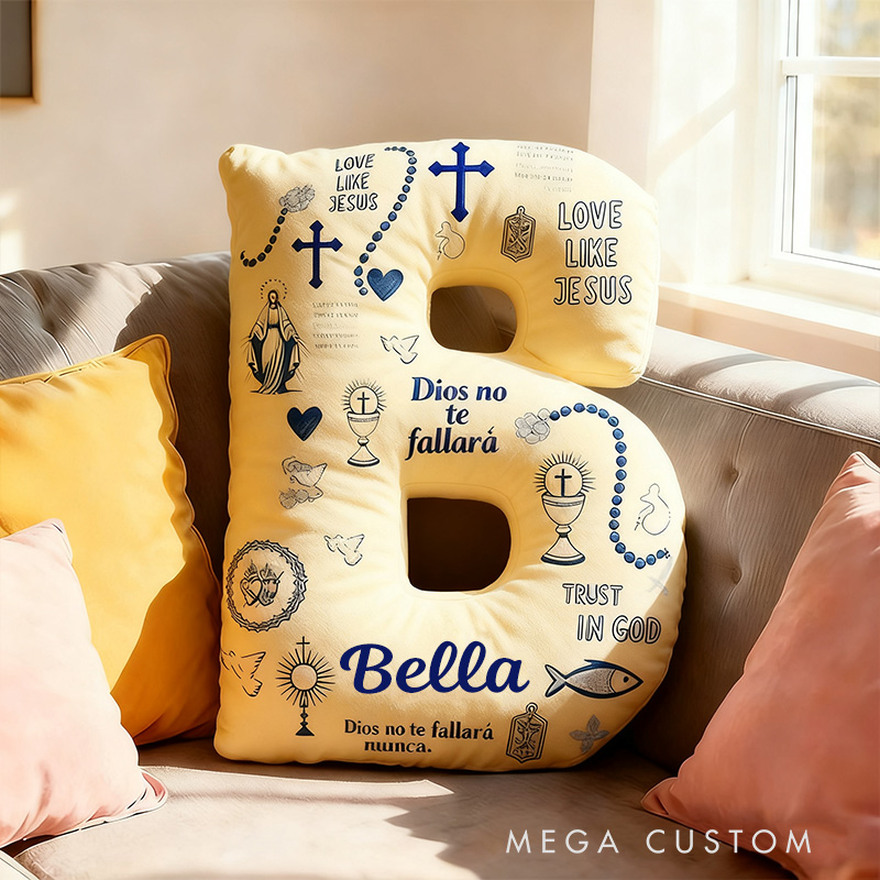 Personalized God will Never Fail You Letter Pillow with Custom Name Home Decor Virgin Mary Cross Chalic Dove and Fish Pillow Religious Gift for Her
