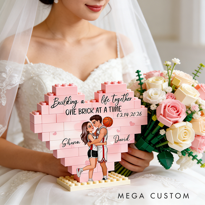 Personalized Basketball Couple Heart Building Block Building a Life Together One Brick at a Time  with Custom Names and Date Valentine's Day Gift