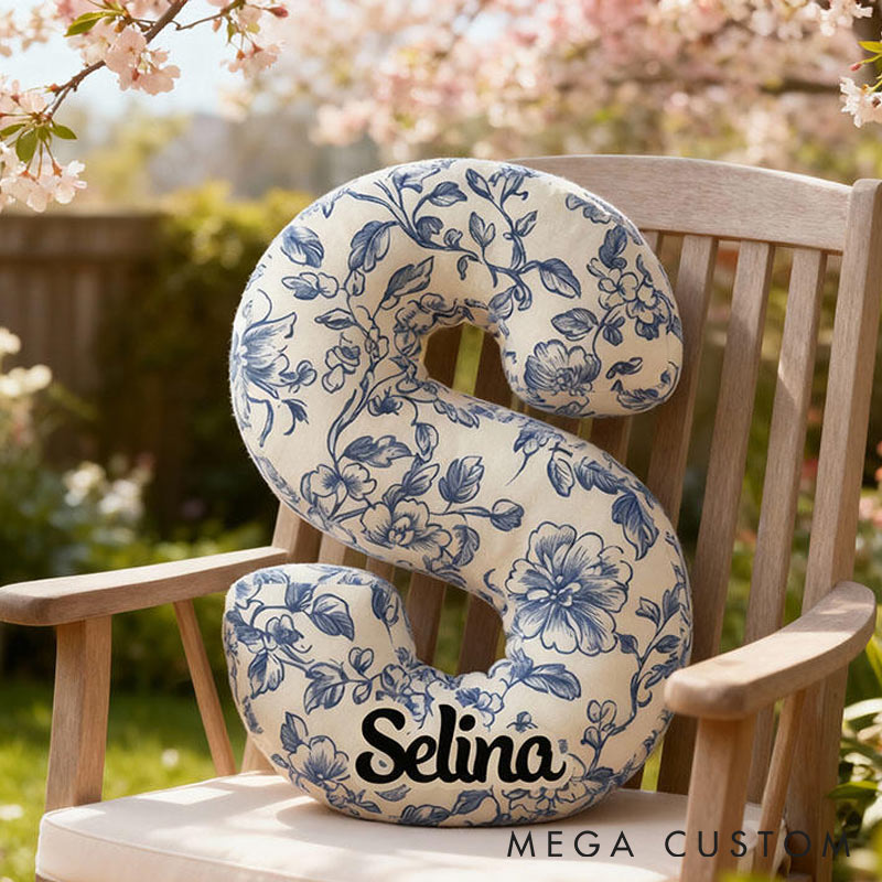 Personalized Blue Floral Pattern Initial Pillow with Custom Name Graphic 3D Print Pillow for Gardening Lovers