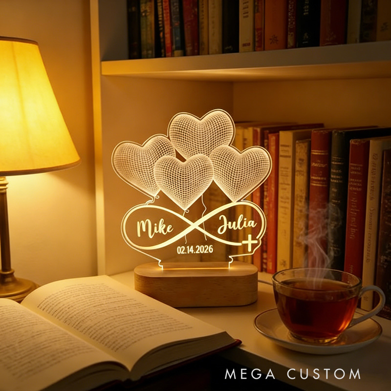 Personalized Infinity Heart Cross 3D Illusion LED Lamp with Wooden Base with Custom Names and Date Valentines Gift for Couple Anniversary Gift