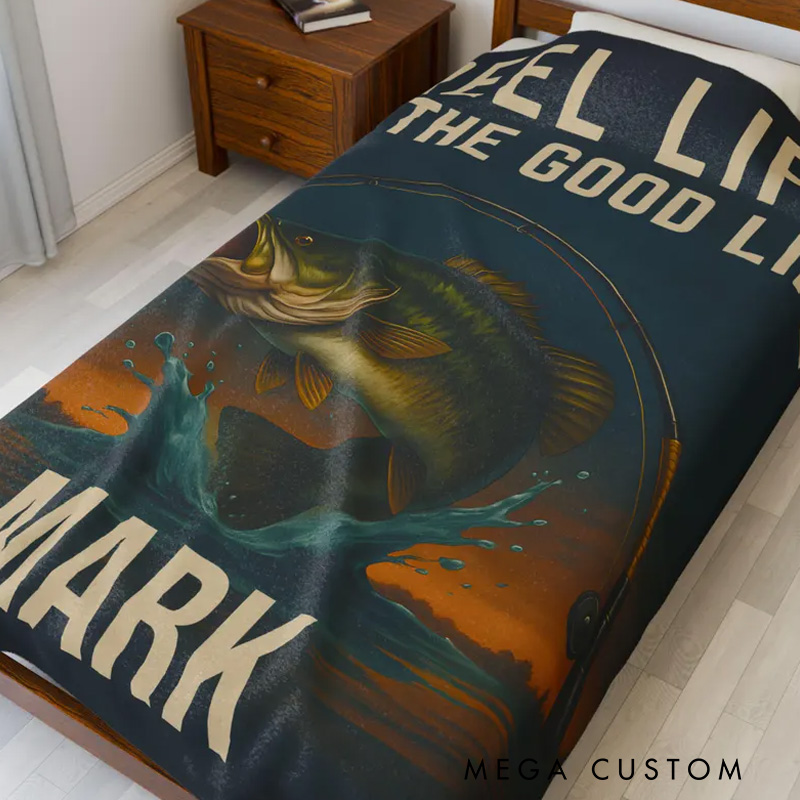 Personalized Fishing Blanket Reel Life Is the Good Life Custom Name Blanket for Dad Fisherman Gift Bass Fish Throw Lake Cabin Decor