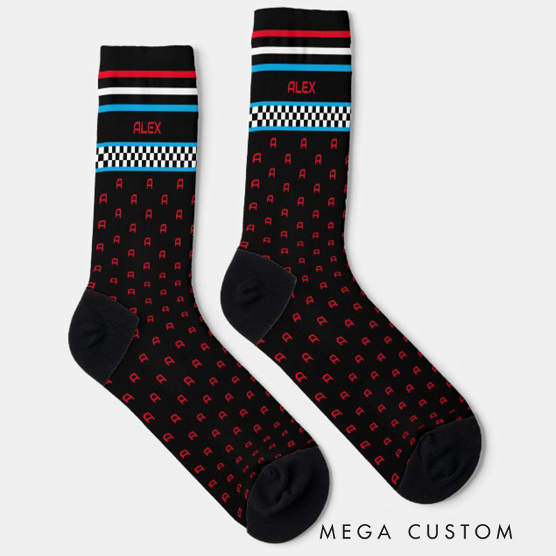 Personalized Checkered Flag Custom Name Socks Personalized Monogram Racing Style Blue and Red Pattern Socks Gift for Car Lovers