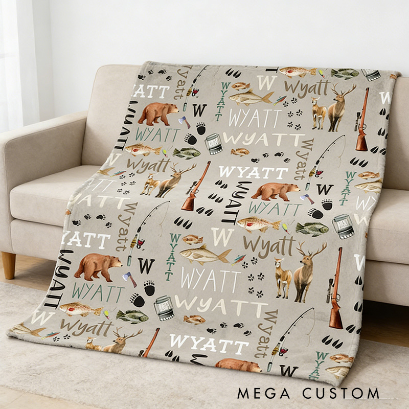Personalized Hunting Fishing Blanket Custom Hunting Blanket Name Blanket Outdoors Bear Deer Blanket Gift for Kid