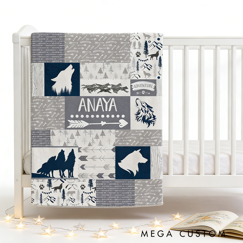 Personalized Kid Blanket with Name Custom Woodland Wolf Blanket Adventure Outdoors Gift for Kid