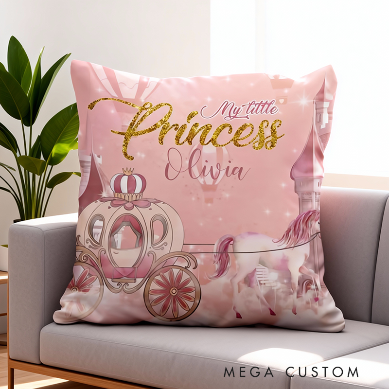 Personalized Little Princess Cushion Royal Carriage Pillow Girl Nursery Decor Pink Castle Baby Shower Gift for Kids