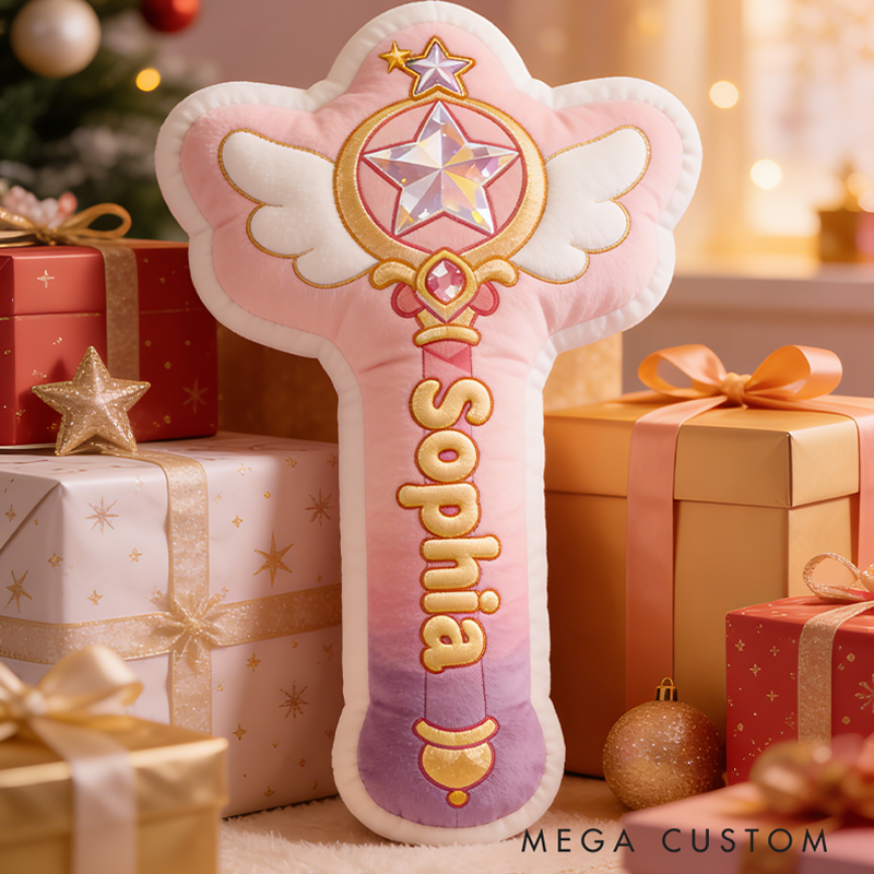 Personalized Pink Magical Wand Moon Shape Custom Name Soft Decorative Gift Fantasy Princess Style Cozy Girls Room DreamyGraphic 3D Print Pillow