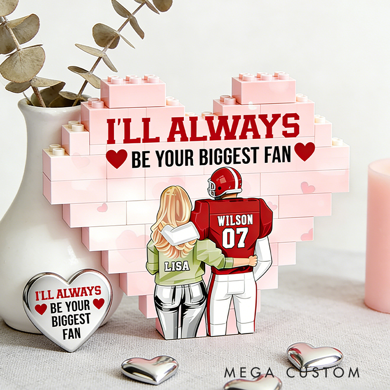 Personalized Football Couples Heart "Biggest Fan" Building Blocks with Custom Names and Number Valentine's Day Gift