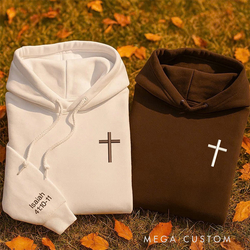 Personalized Cross Embroidered Hoodies with Custom Bible Verse On the Sleeve Couple Matching Sweatshirt Valentine Day Gift Couples Gift