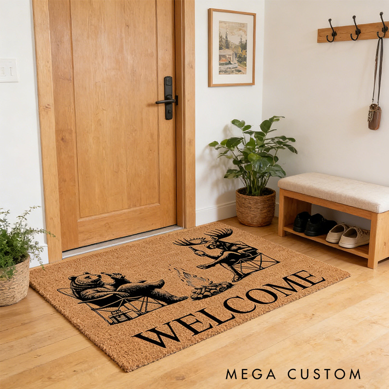 Personalized Welcome Bear & Moose Camp Fire Camping Cabin Funny Coir Doormat Door Mat Newlywed Wedding Gift New Home