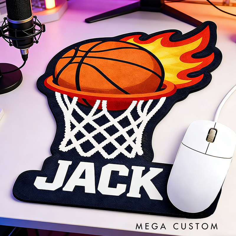 Personalized Flaming Basketball Mouse Pad with Custom Name Design