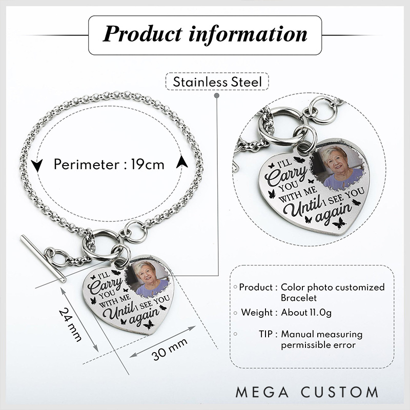 Personalized Photo Heart Bracelet I'll Carry You With Me  Memorial Jewelry for Loss of Loved One
