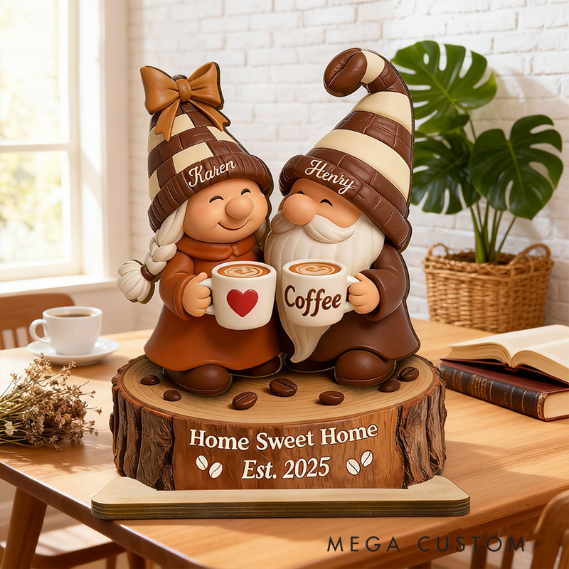 Personalized Home Sweet Home Coffee Gnome Couple Plaque Custom Standing Wooden Plaque Housewarming Gift Valentine's Day Gift